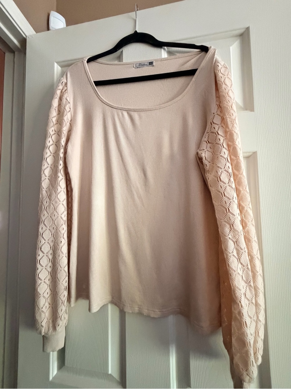 Long-Sleeve Scoop Neck Lace Sleeve Top - Cream